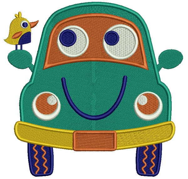 Smiling Car With a Bird Filled Machine Embroidery Design Digitized Pattern