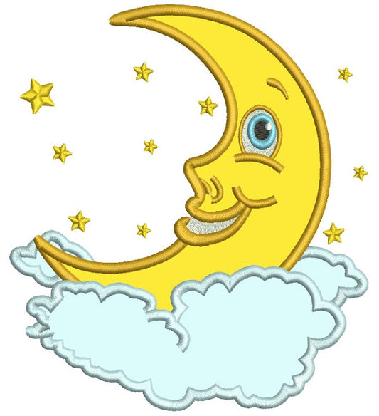 Smiling Moon In The Clouds Applique Machine Embroidery Design Digitized Pattern