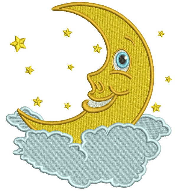 Smiling Moon In The Clouds Filled Machine Embroidery Design Digitized Pattern