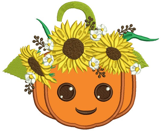 Smiling Pumpkin With Sunflowers Thanksgiving Applique Machine Embroidery Design Digitized Pattern