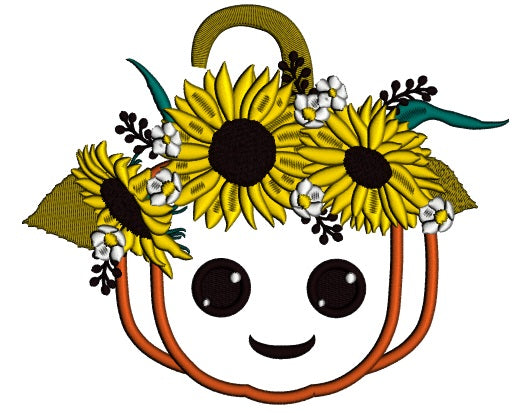 Smiling Pumpkin With Sunflowers Thanksgiving Applique Machine Embroidery Design Digitized Pattern