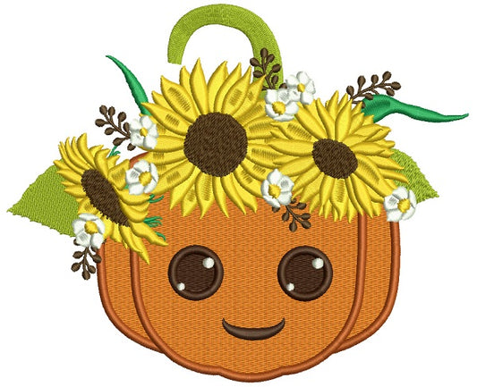 Smiling Pumpkin With Sunflowers Thanksgiving Filled Machine Embroidery Design Digitized Pattern