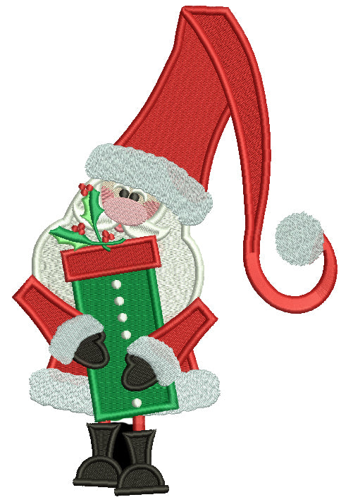 Santa With a Tall Hat Holding Presents Christmas Filled Machine Embroidery Digitized Design Pattern