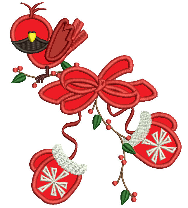 Snow Mittens and a Cute Bird Christmas Applique Machine Embroidery Digitized Design Pattern