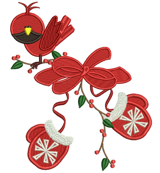 Snow Mittens and a Cute Bird Christmas Filled Machine Embroidery Digitized Design Pattern