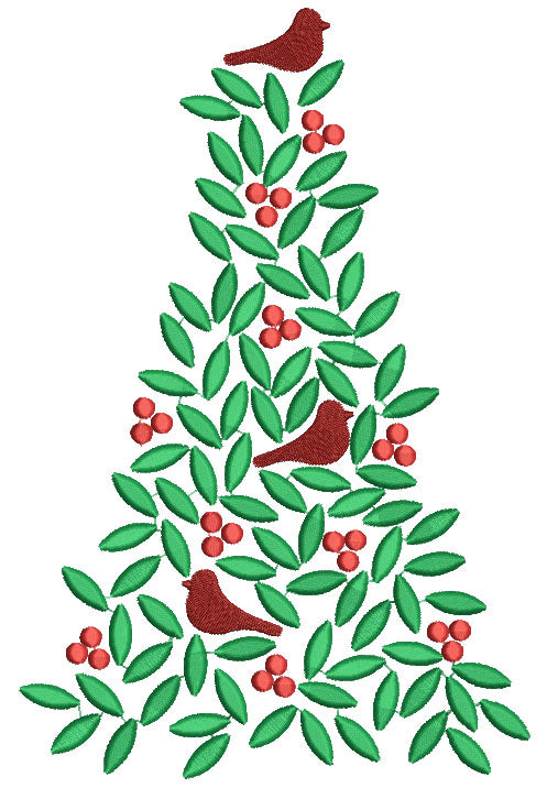 Snowbird And Holly Christmas Tree Filled Machine Embroidery Design Digitized Pattern