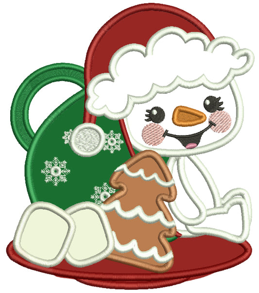 Snowman And Hot Chocolate Christmas Applique Machine Embroidery Design Digitized Pattern
