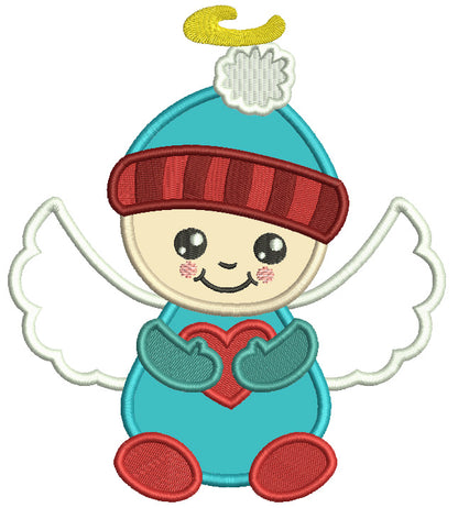 Snowman Angel Holding a Heart Christmas Applique Machine Embroidery Design Digitized Pattern