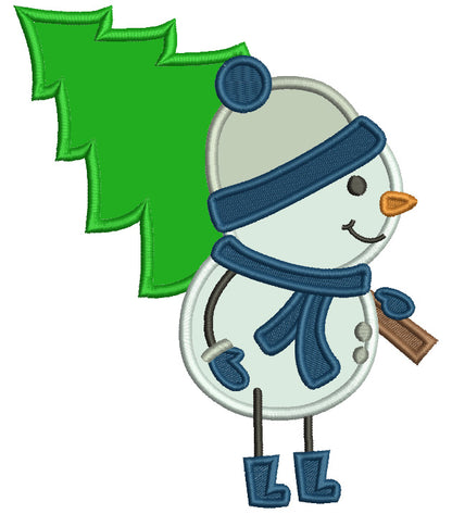 Snowman Carrying Christmas Tree Christmas Applique Machine Embroidery Design Digitized Pattern
