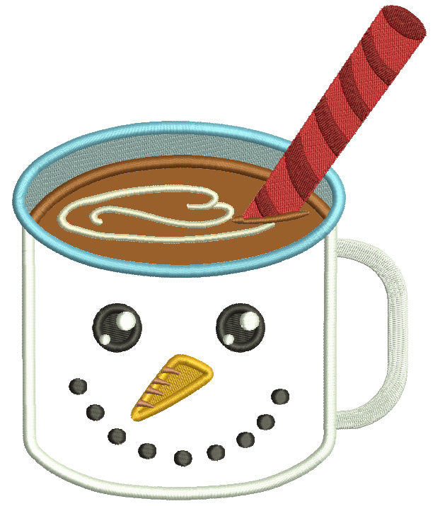 Snowman Cup Of Cocoa Christmas Applique Machine Embroidery Design Digitized Pattern