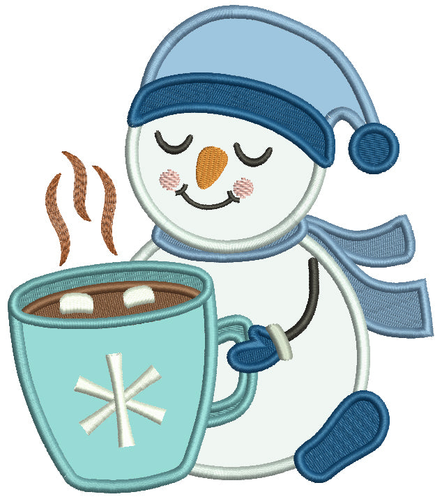 Snowman Drinking Hot Cocoa Christmas Applique Machine Embroidery Design Digitized Pattern