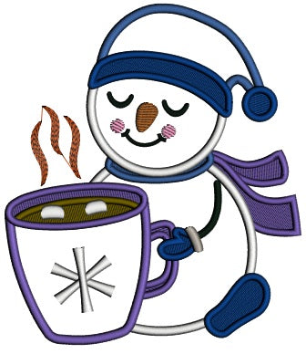 Snowman Drinking Hot Cocoa Christmas Applique Machine Embroidery Design Digitized Pattern