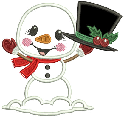 Snowman Holding Big Hat Christmas Applique Machine Embroidery Design Digitized Pattern