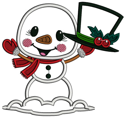 Snowman Holding Big Hat Christmas Applique Machine Embroidery Design Digitized Pattern