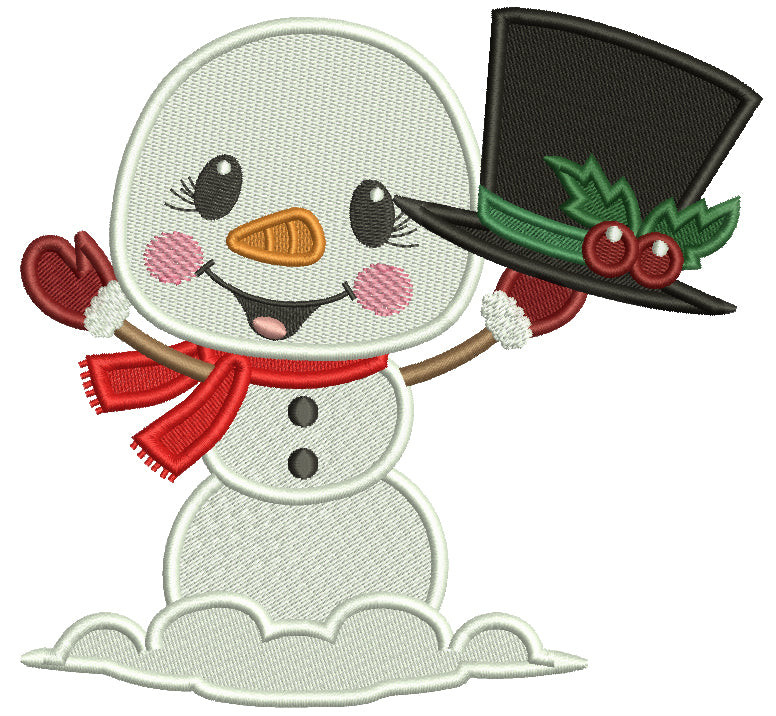 Snowman Holding Big Hat Christmas Filled Machine Embroidery Design Digitized Pattern