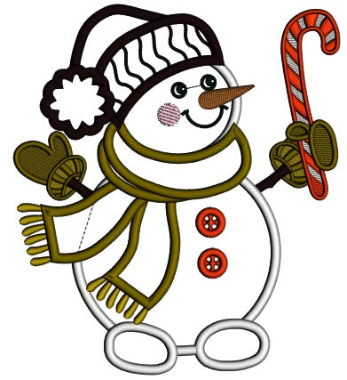 Snowman Holding Candy Cane Christmas Applique Machine Embroidery Design Digitized Pattern