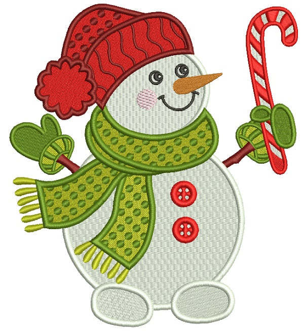 Snowman Holding Candy Cane Christmas Filled Machine Embroidery Design Digitized Pattern