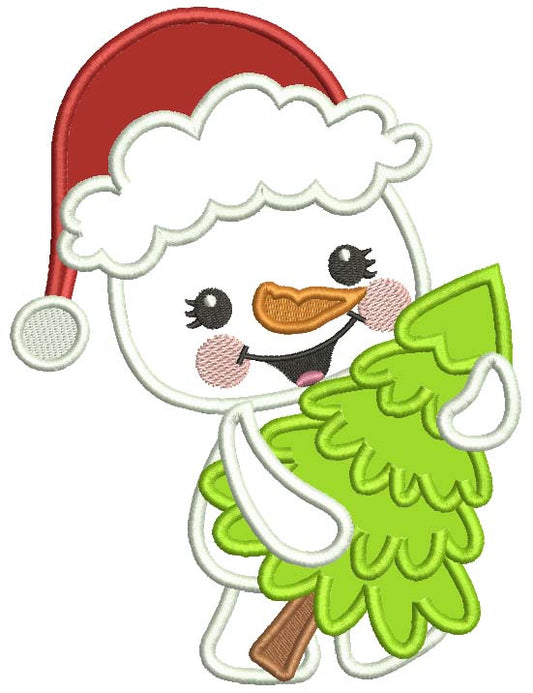 Snowman Holding Christmas Tree Applique Machine Embroidery Design Digitized Pattern