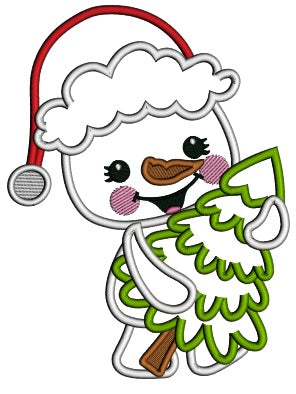 Snowman Holding Christmas Tree Applique Machine Embroidery Design Digitized Pattern