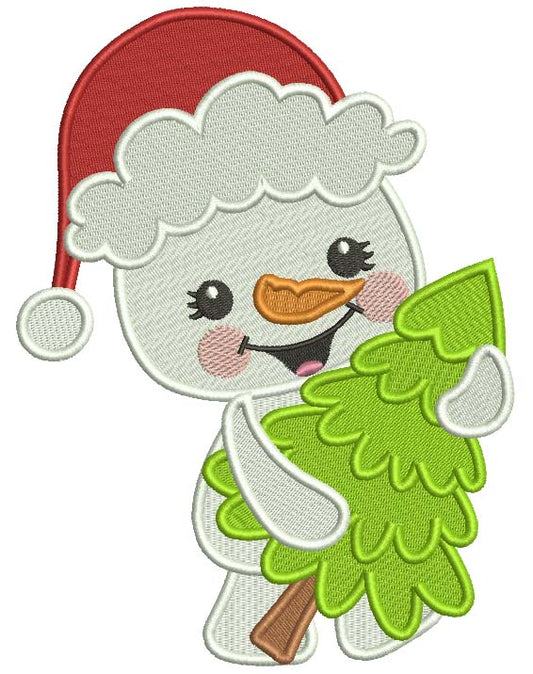 Snowman Holding Christmas Tree Filled Machine Embroidery Design Digitized Pattern