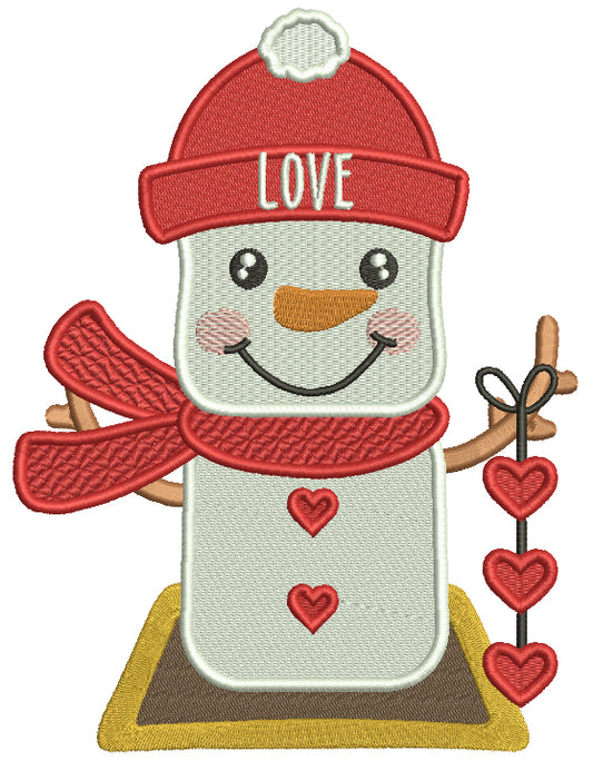 Snowman Holding Hearts Valentine's Day Filled Machine Embroidery Design Digitized Pattern