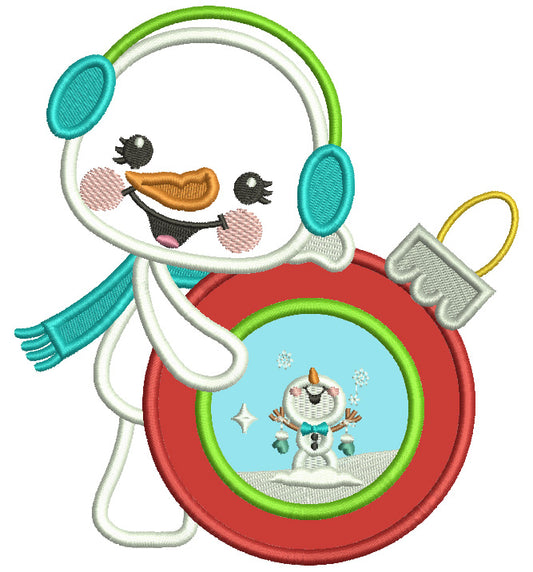 Snowman Holding Ornament With Snow Christmas Applique Machine Embroidery Design Digitized Pattern