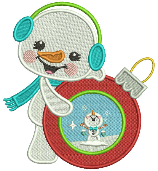 Snowman Holding Ornament With Snow Christmas Filled Machine Embroidery Design Digitized Pattern