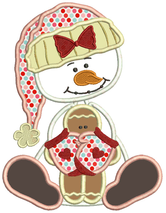 Snowman Holding The Gingerbread Man Christmas Applique Machine Embroidery Digitized Design Pattern