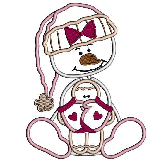 Snowman Holding The Gingerbread Man Christmas Applique Machine Embroidery Digitized Design Pattern