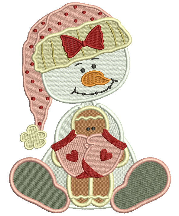 Snowman Holding The Gingerbread Man Christmas Filled Machine Embroidery Digitized Design Pattern
