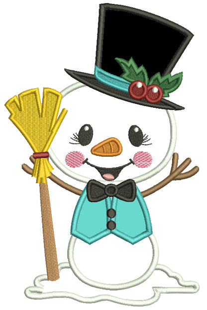 Snowman Holding a Broom And Wearing Big Hat Applique Machine Embroidery Design Digitized Pattern