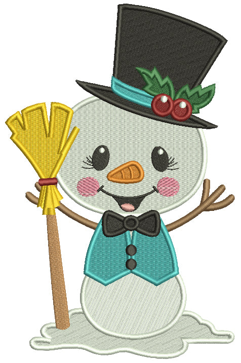 Snowman Holding a Broom And Wearing Big Hat Filled Machine Embroidery Design Digitized Pattern