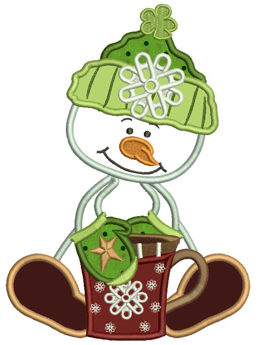 Snowman Holding a Cup of Hot Chocolate Applique Machine Embroidery Design Digitized Pattern