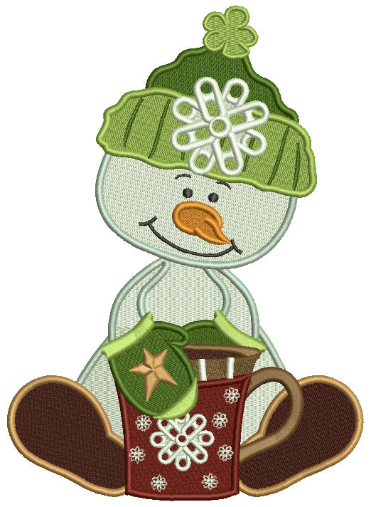 Snowman Holding a Cup of Hot Chocolate Filled Machine Embroidery Design Digitized Pattern