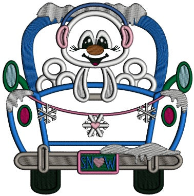 Snowman In The Back Of The Truck With Snow Licence Plate Christmas Applique Machine Embroidery Design Digitized Pattern