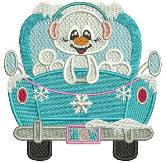 Snowman In The Back Of The Truck With Snow Licence Plate Christmas Filled Machine Embroidery Design Digitized Pattern