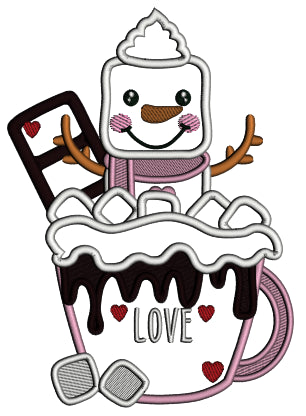 Snowman Inside a Cup With Cocoa Love Valentine's Day Applique Machine Embroidery Design Digitized Pattern
