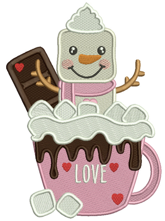 Snowman Inside a Cup With Cocoa Love Valentine's Day Filled Machine Embroidery Design Digitized Pattern