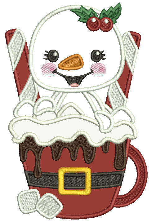 Snowman Sitting Inside a Coocoa Cup Christmas Applique Machine Embroidery Design Digitized Pattern