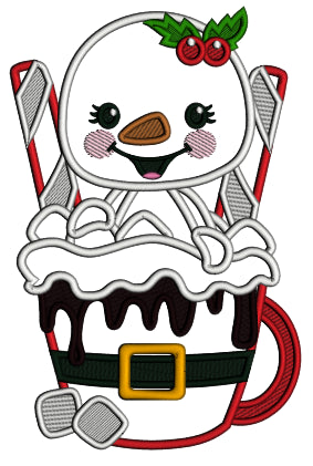 Snowman Sitting Inside a Coocoa Cup Christmas Applique Machine Embroidery Design Digitized Pattern