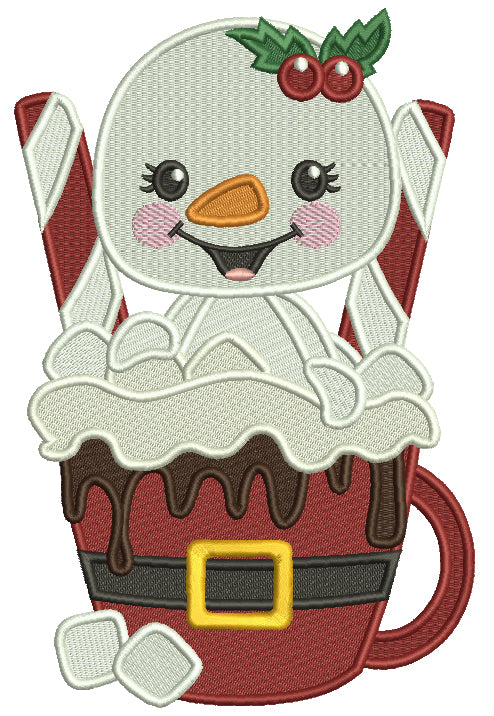 Snowman Sitting Inside a Coocoa Cup Christmas Filled Machine Embroidery Design Digitized Pattern