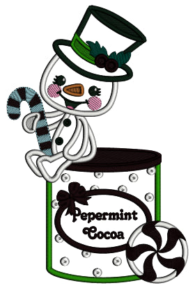 Snowman Sitting of a Can Of Peppermint Cocoa Christmas Applique Machine Embroidery Design Digitized Pattern