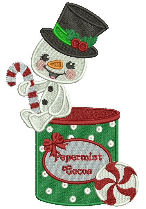 Snowman Sitting of a Can Of Peppermint Cocoa Christmas Filled Machine Embroidery Design Digitized Pattern
