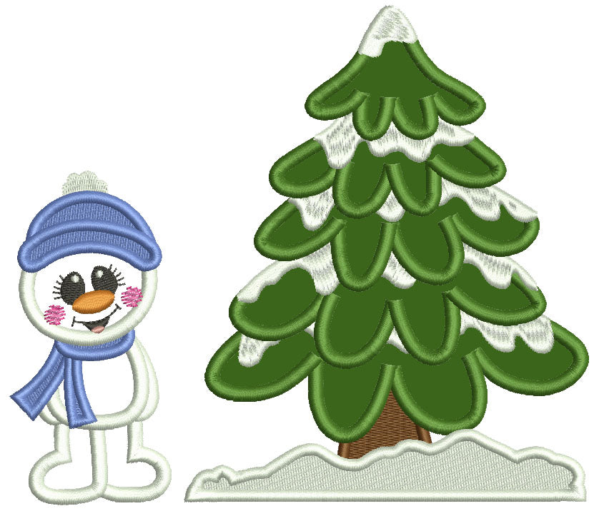Snowman Standing Next To Christmas Tree Applique Machine Embroidery Design Digitized Pattern