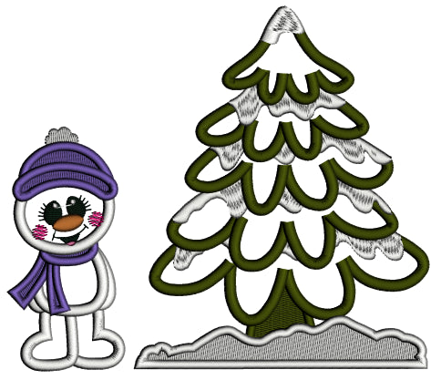 Snowman Standing Next To Christmas Tree Applique Machine Embroidery Design Digitized Pattern
