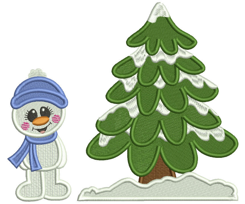 Snowman Standing Next To Christmas Tree Filled Machine Embroidery Design Digitized Pattern