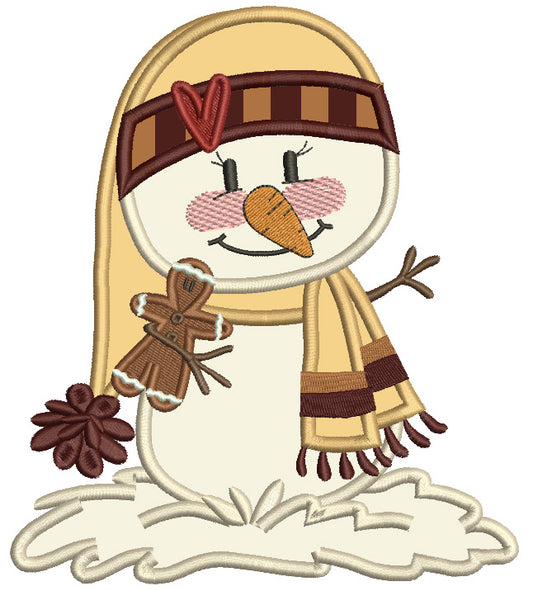 Snowman Wearing Scarf And a Hat Holding Gingerbread Man Christmas Applique Machine Embroidery Design Digitized Pattern