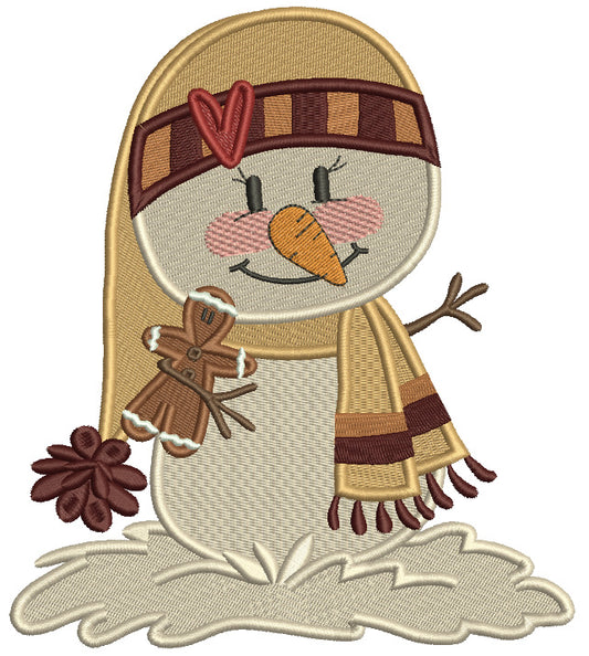 Snowman Wearing Scarf And a Hat Holding Gingerbread Man Christmas Filled Machine Embroidery Design Digitized Pattern