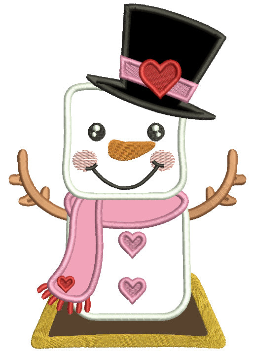 Snowman Wearing a Tall Hat With Heart Valentine's Day Applique Machine Embroidery Design Digitized Pattern
