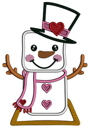 Snowman Wearing a Tall Hat With Heart Valentine's Day Applique Machine Embroidery Design Digitized Pattern